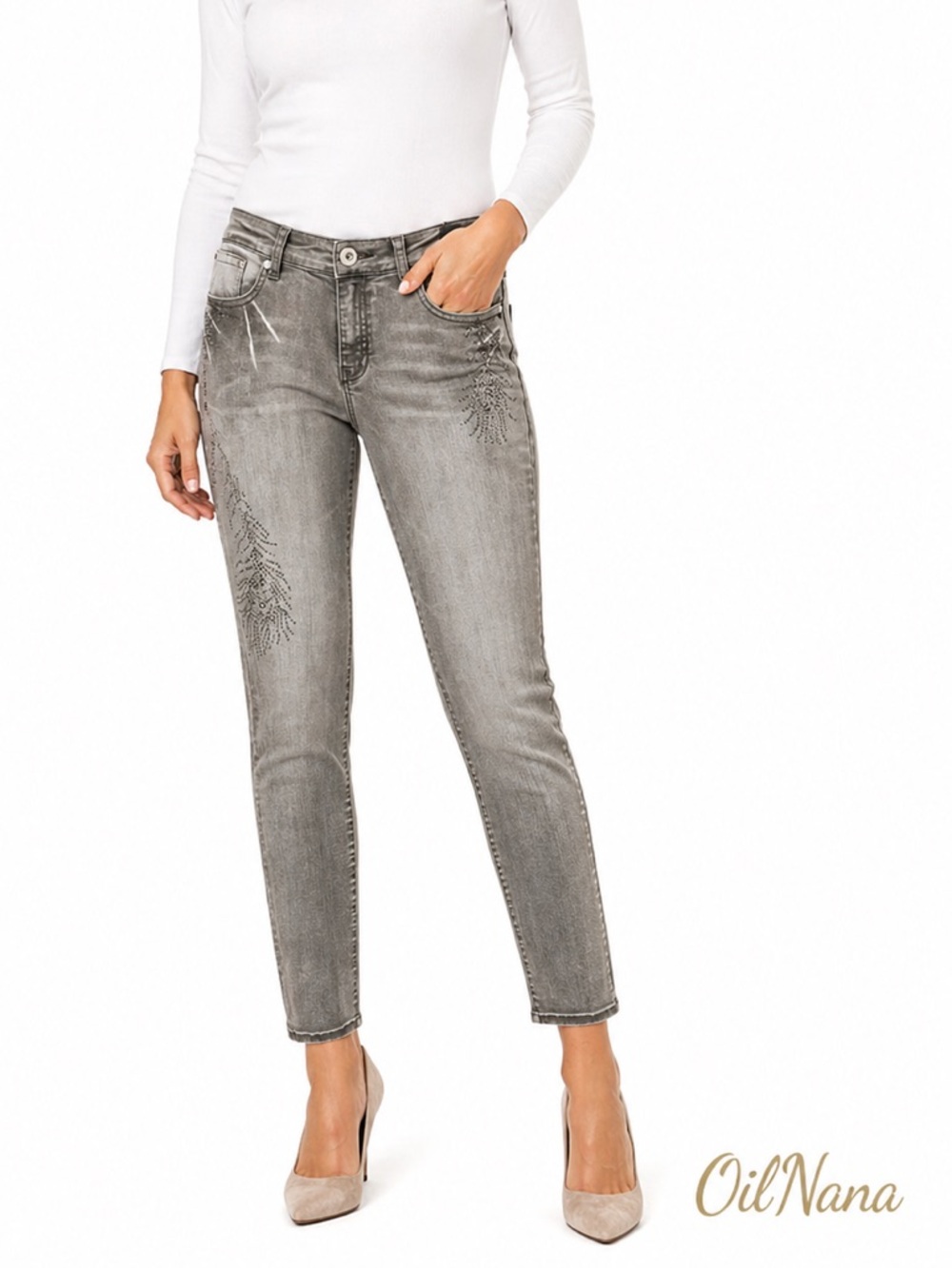 CACHE Skinny Jeans Rhinestone Detail Women’s‎ 8 Gray Silver Stretch